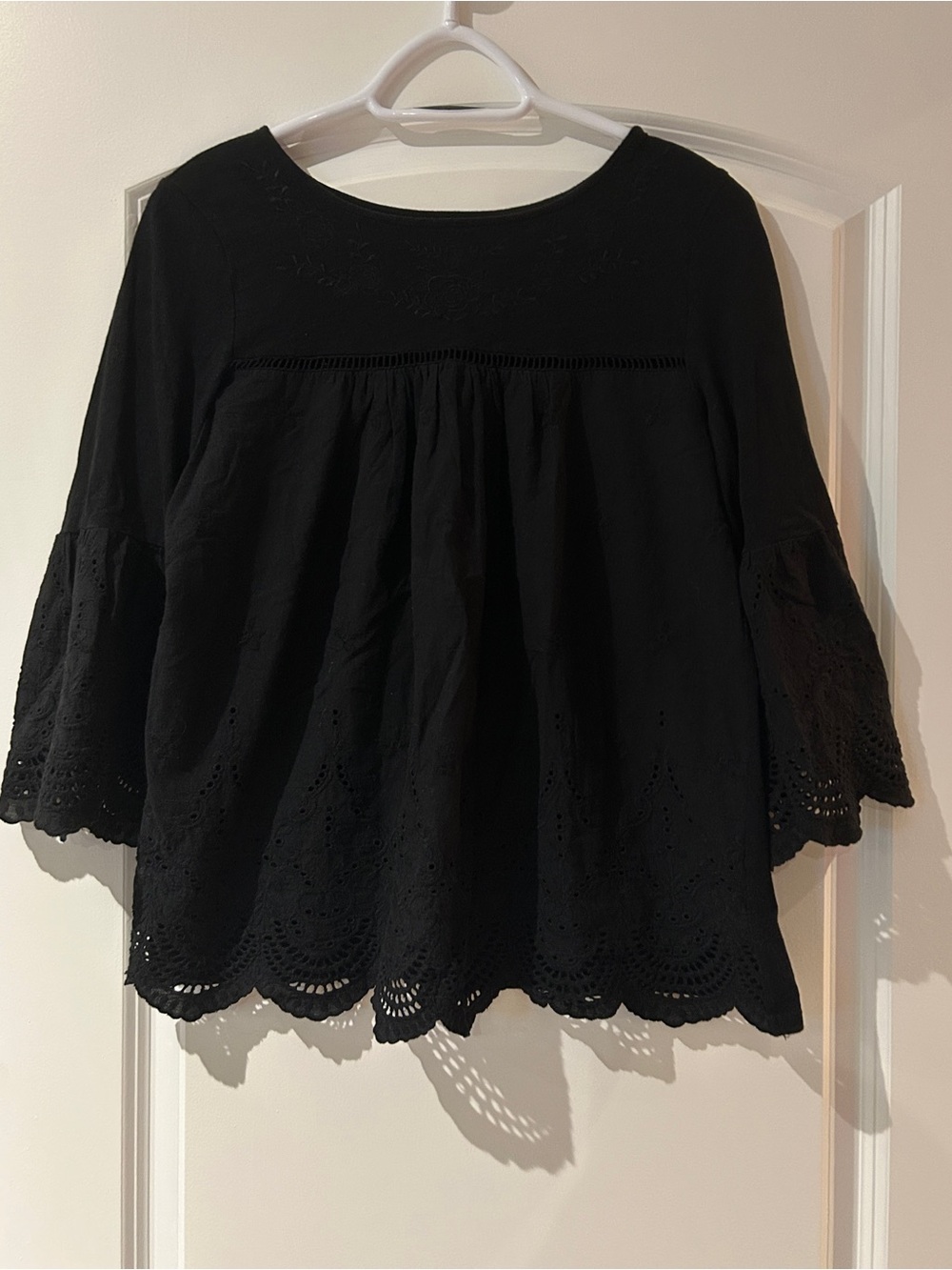 100% Cotton Cupio Black Eyelet Bell-Sleeve Tunic Top